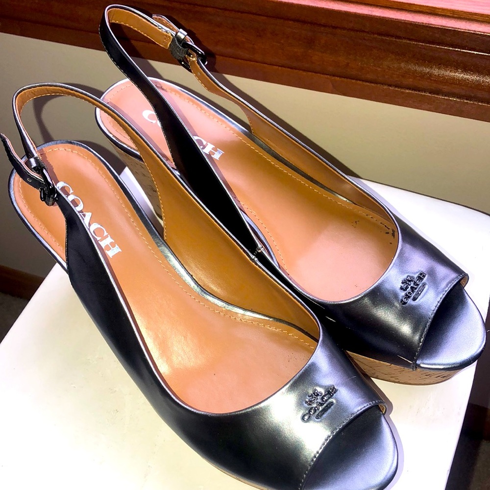 COACH FERRY GUNMETAL WEDGES  EUC 9.5 SLINGBACK